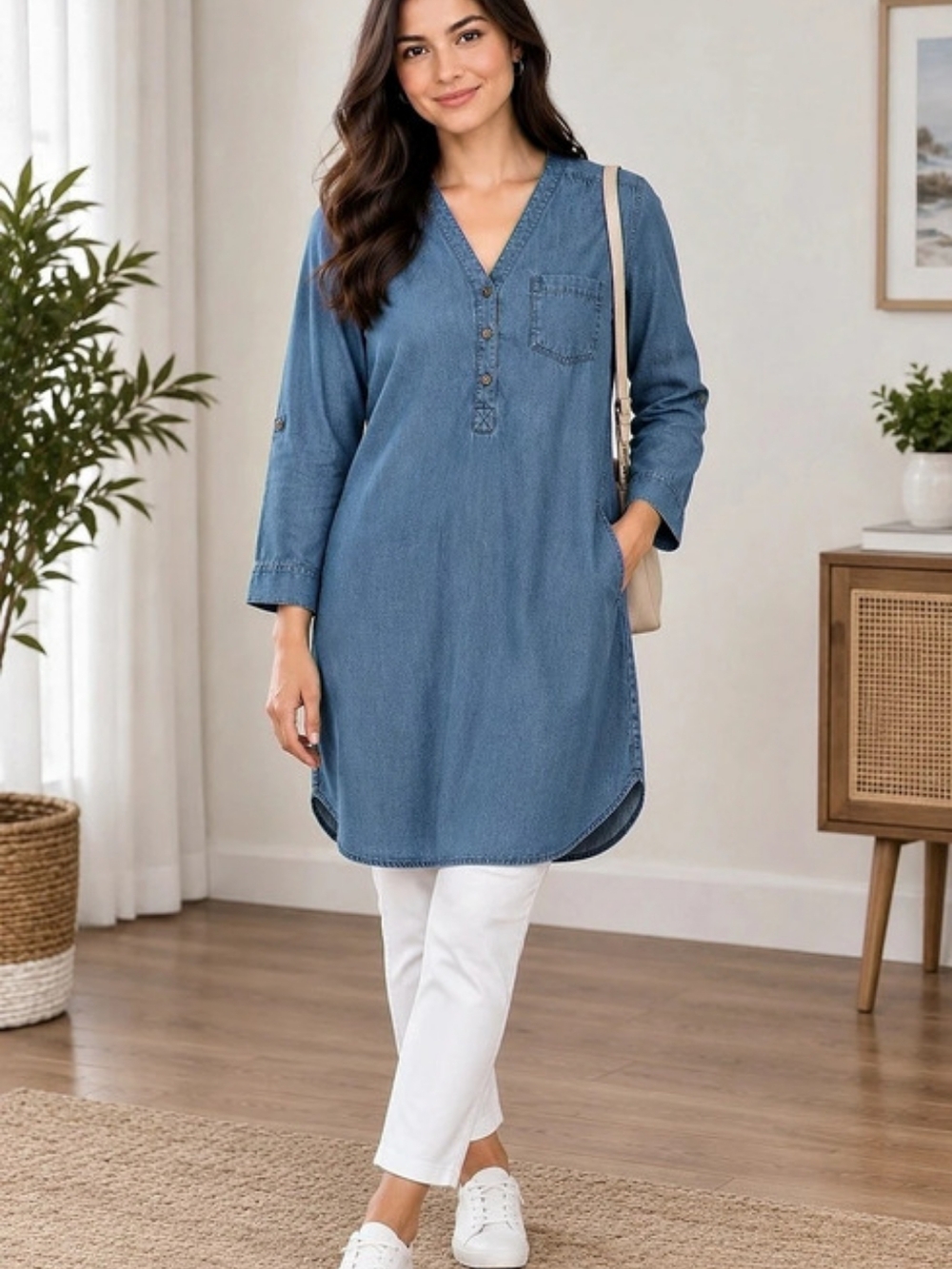 Tattoo Vintage Inspired Chambray Denim Tunic Dress V-Neck Size  S